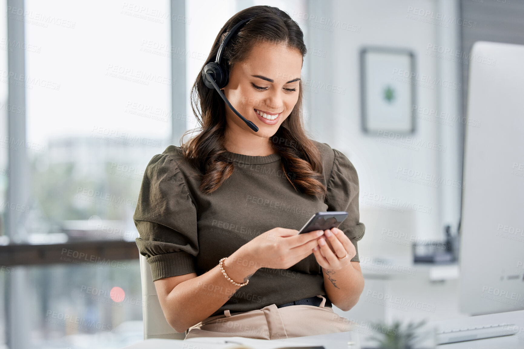 Buy stock photo Call center, portrait or happy woman typing on mobile on break with smile in customer services. Telecom, relaxing or friendly telemarketing consultant in communication on smartphone or social media 