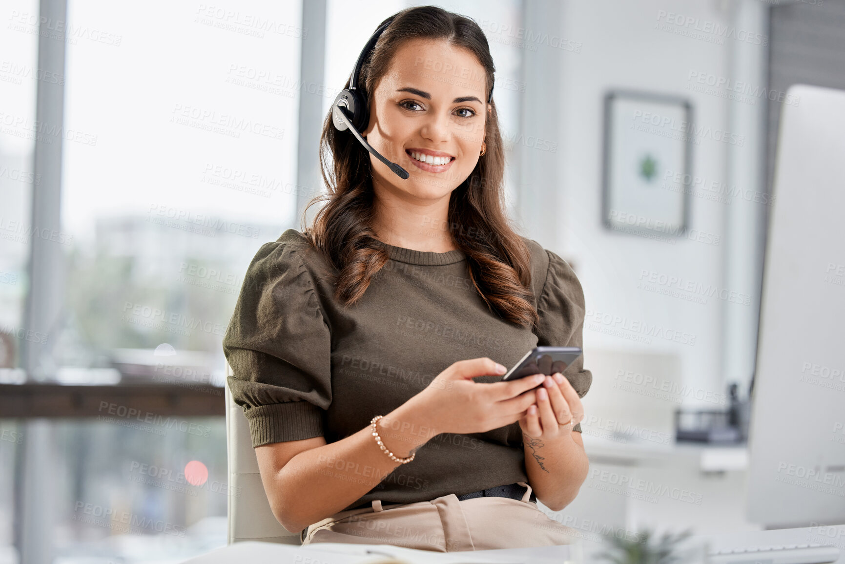 Buy stock photo Call center, portrait or happy woman typing on smartphone on break with smile in customer services. Telecom, relaxing or friendly telemarketing consultant in communication on social media mobile app