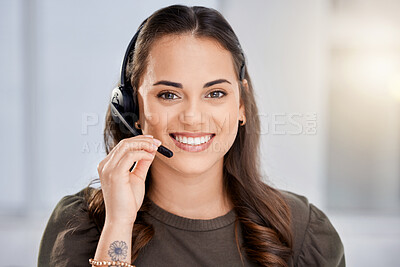 Buy stock photo Headset, portrait or happy woman in call center tech support consulting, speaking or talking in telemarketing. Communication, face or friendly consultant in telecom company explaining on microphone