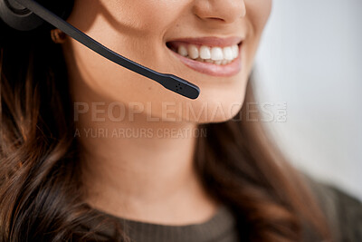 Buy stock photo Call center, closeup or mouth of talking woman in customer service help desk speaking in telemarketing. Contact us, friendly or happy sales agent girl consulting on microphone at technical support 