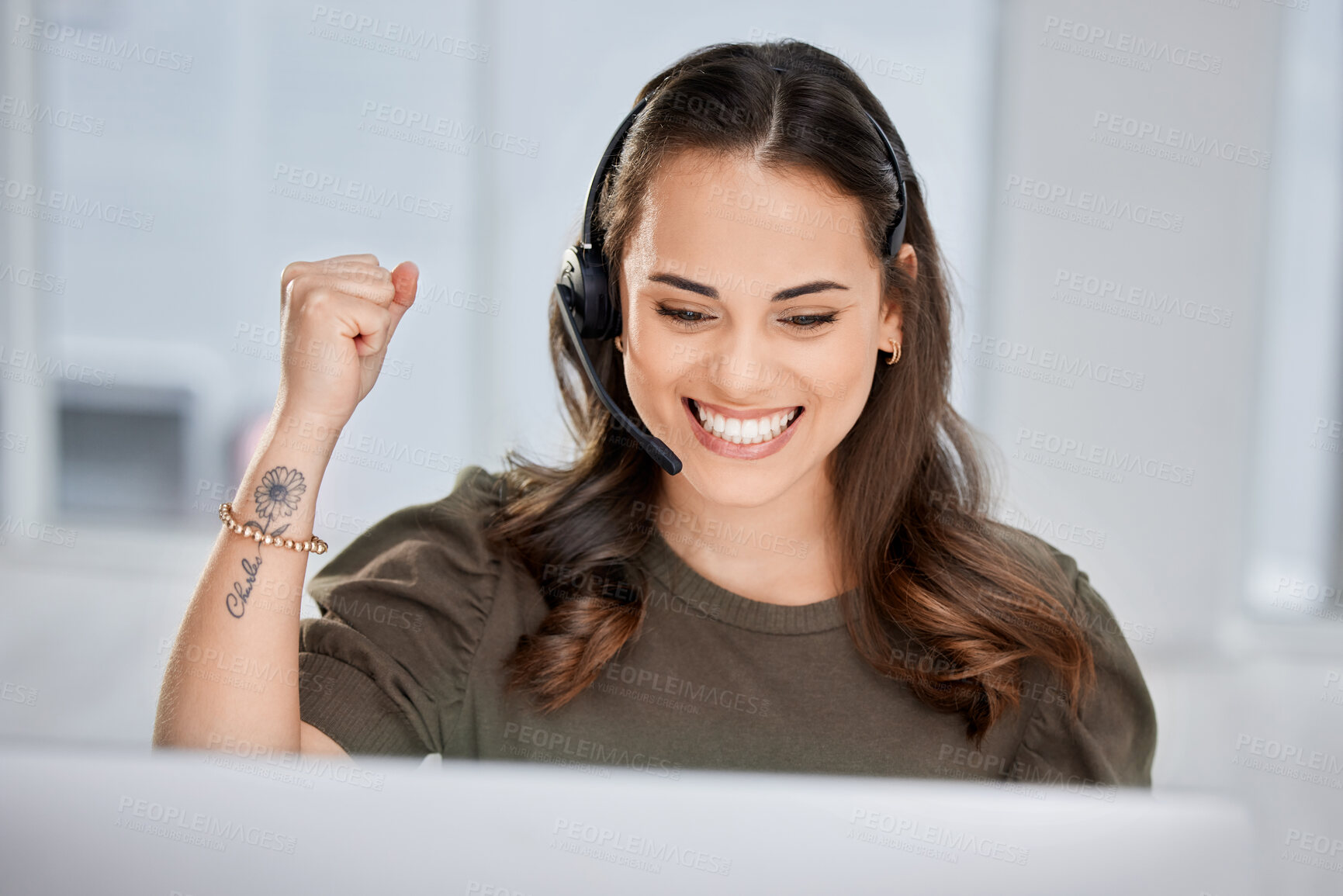 Buy stock photo Happy, success or excited consultant in call center on target for winning a telemarketing or telecom bonus. Computer, winner or happy virtual assistant with a smile for victory or goals achievements