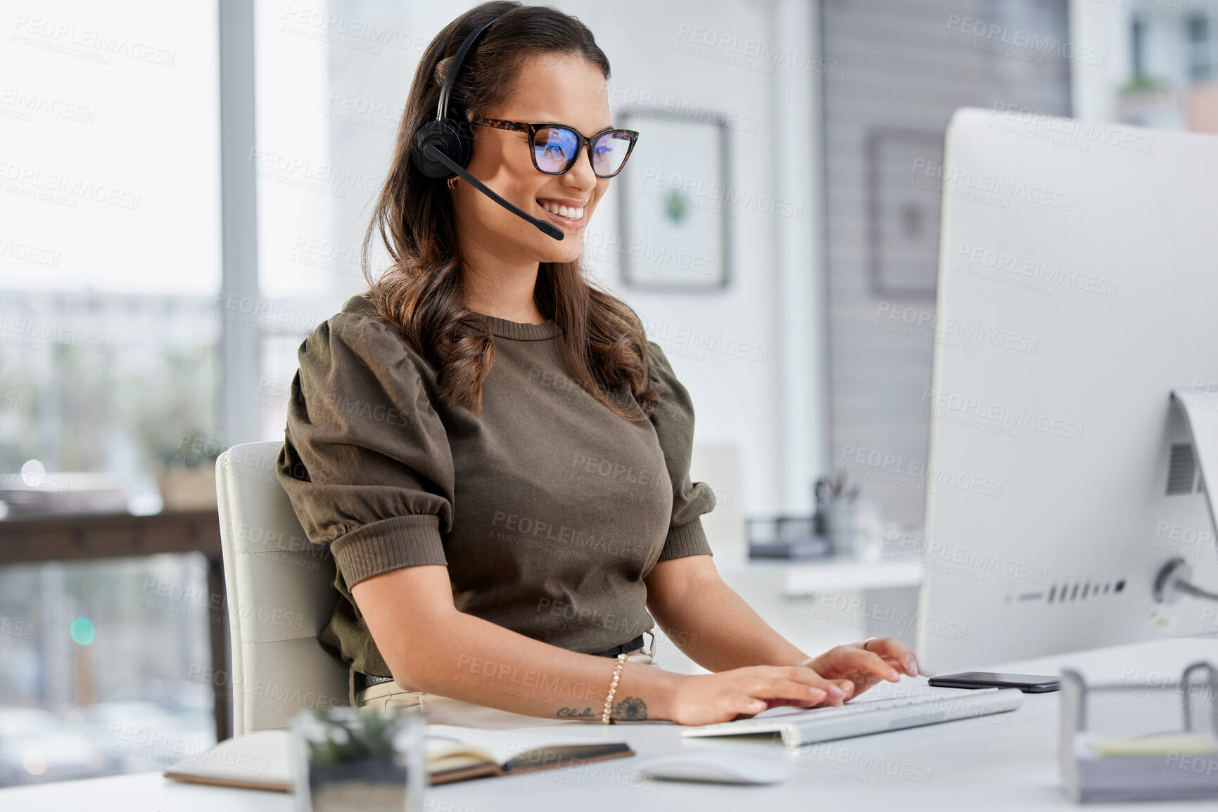 Buy stock photo Happy, call center and a woman typing on a computer for telemarketing, consulting and customer service. Smile, contact us and a female sales employee with a pc for communication, support or advice