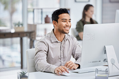 Buy stock photo Business, smile and man with a computer, connection and administrator with digital planning, search internet and website information. Male person, employee and consultant with a pc and online reading