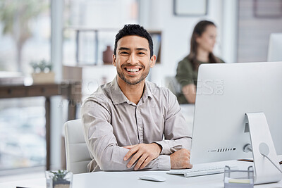 Buy stock photo Businessman, smile and portrait with a computer at desk for research, planning and internet connection. Happy asian male entrepreneur with a desktop pc in a modern office for a corporate project