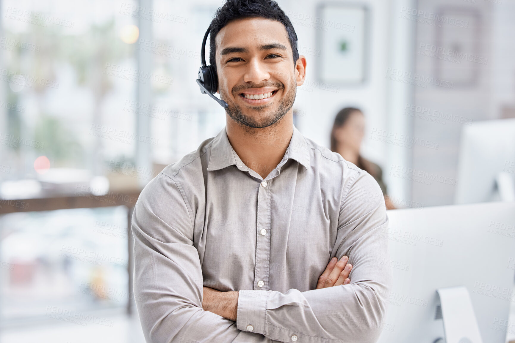 Buy stock photo Portrait, customer service and support with a man consultant in his telemarketing office for assistance. Call center, contact us and consulting with a male employee using a headset for retail crm