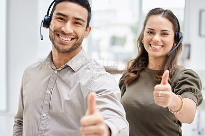 Buy stock photo Call center, portrait or happy team with thumbs up for support or agreement in telemarketing company. Smile, man or woman with like, success or thumb up hand sign at telecom customer services office