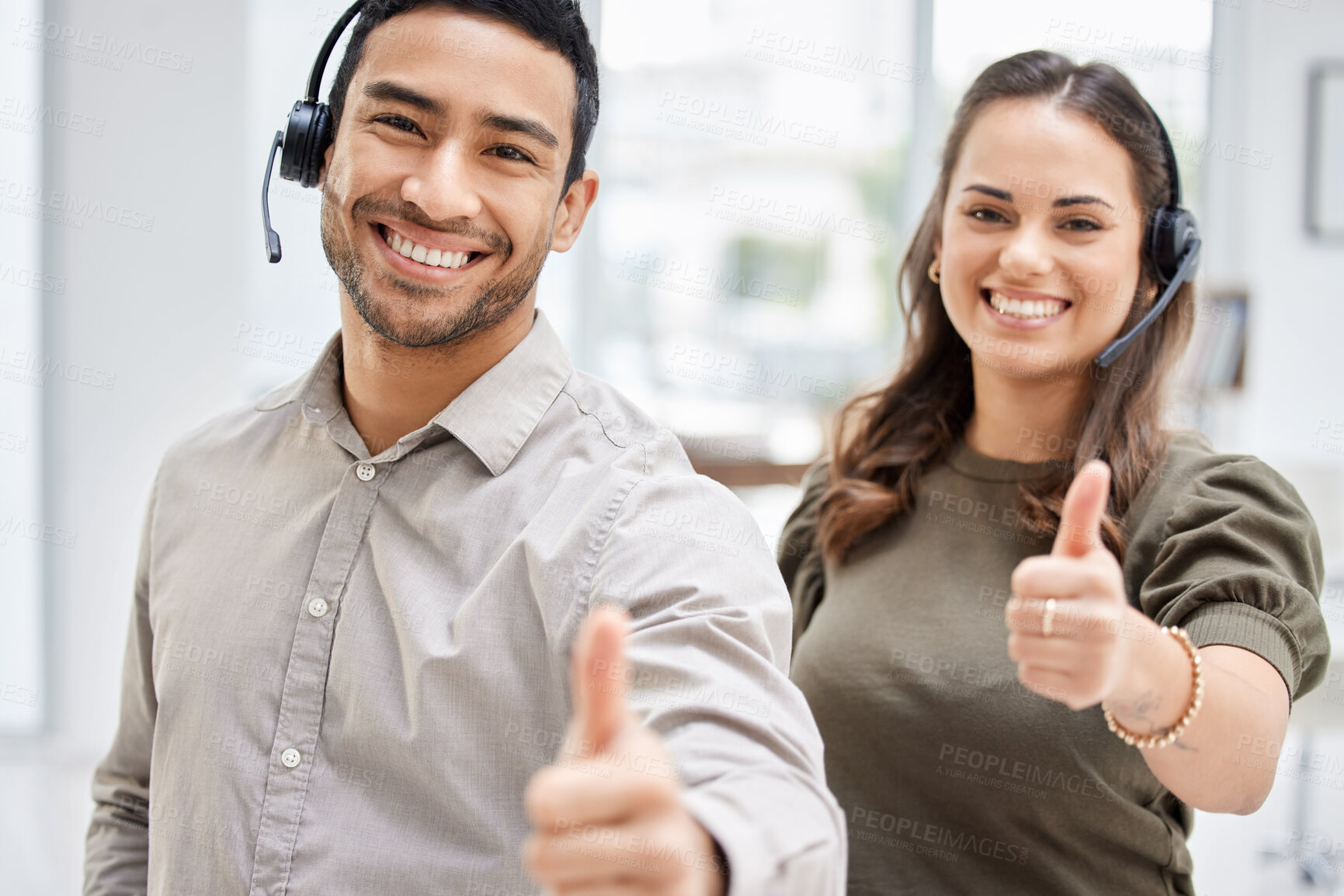 Buy stock photo Call center, portrait or happy team with thumbs up for support or agreement in telemarketing company. Smile, man or woman with like, success or thumb up hand sign at telecom customer services office