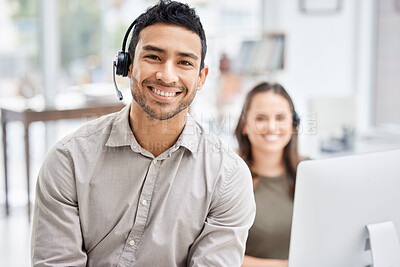 Buy stock photo Portrait, call center and support with a man consultant in his telemarketing office for assistance. Customer service, contact us and consulting with a male employee using a headset for retail crm