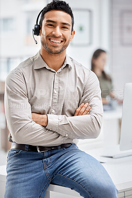 Buy stock photo Portrait, customer care and support with a man consultant in his telemarketing office for assistance. CRM, contact us and consulting with a male employee using a headset in a retail call center