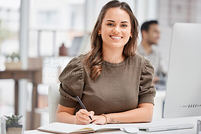 Buy stock photo Happy, businesswoman and notebook in office for portrait with schedule, planning and agenda for goals of creative work. Female person, employee and notes with ideas for reminder of growth for project