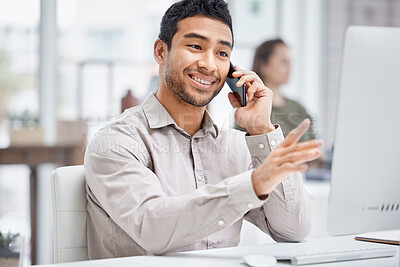 Buy stock photo Customer service, man call center agent on smartphone and with computer at his desk in a modern office workplace. Telemarketing, online communication and male person help customer on a phone call