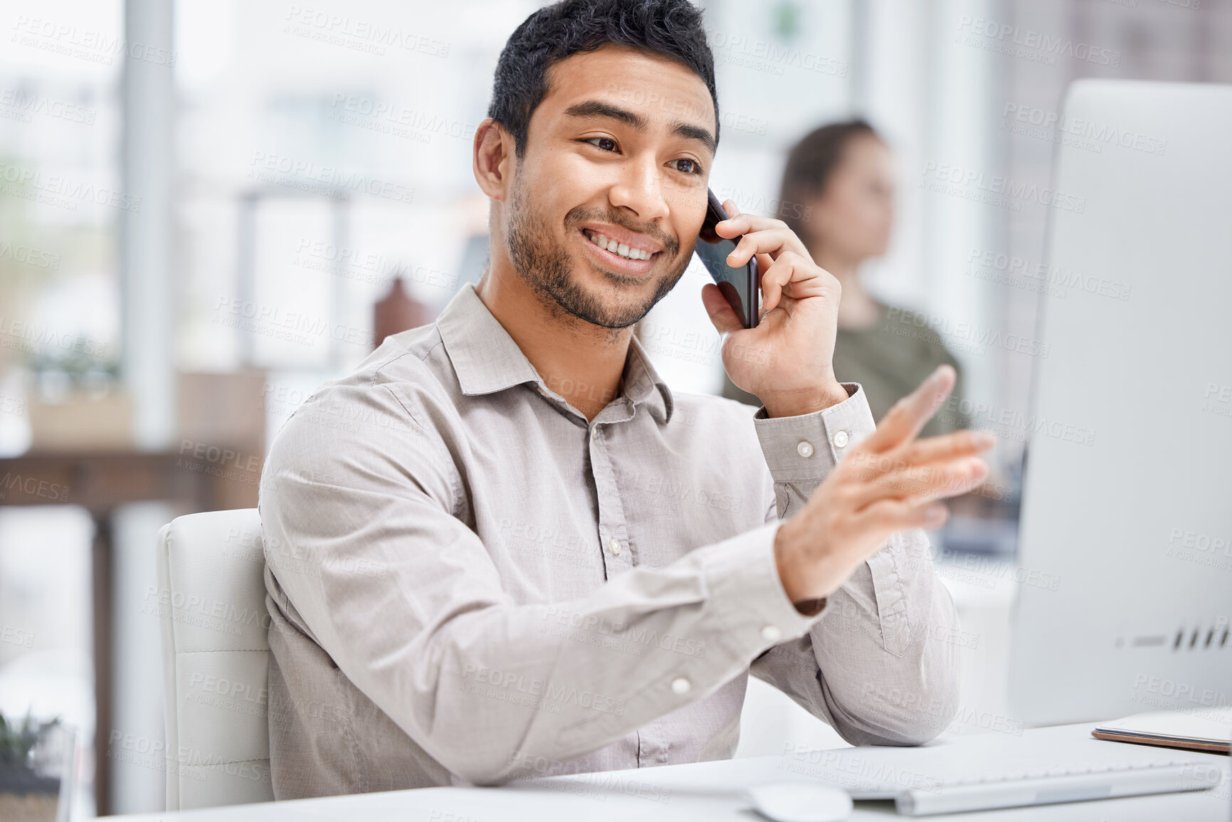 Buy stock photo Customer service, man call center agent on smartphone and with computer at his desk in a modern office workplace. Telemarketing, online communication and male person help customer on a phone call