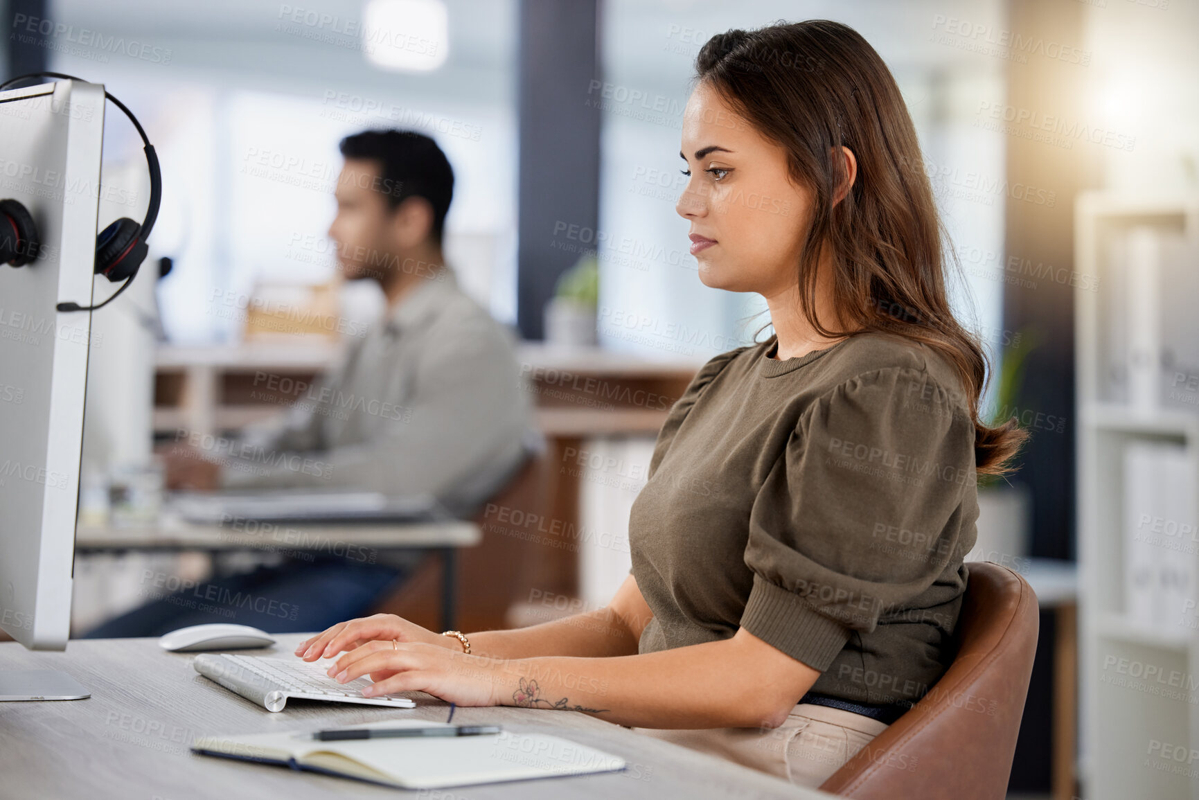 Buy stock photo Woman, typing and call center with computer for online consulting, customer service or email at office. Female person, consultant or agent working on keyboard for communication or technical support