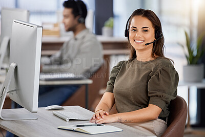 Buy stock photo Happy woman, portrait and call center with headphones for telemarketing, customer service or consulting at office. Female person, consultant or agent with smile for online advice, support or help