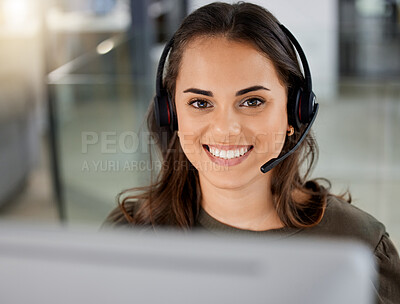 Buy stock photo Happy young woman, call center portrait and telemarketing with headphones, microphone and communication. Girl, customer service and technical with consulting, contact us and smile in modern office