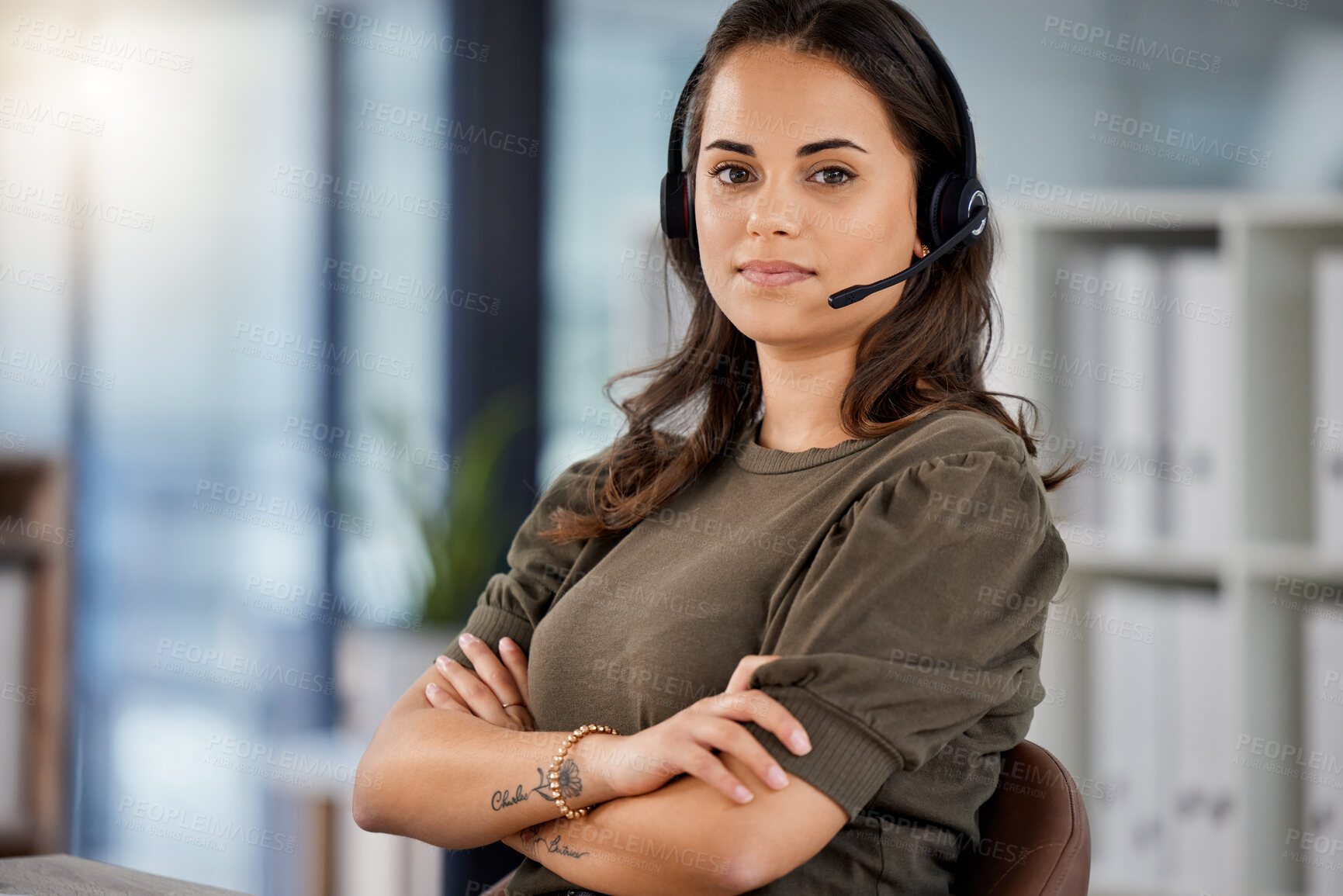 Buy stock photo Young woman, call center portrait and arms crossed for telemarketing in headphones, voip mic and communication. Girl, customer service and technical support consulting for contact us in modern office