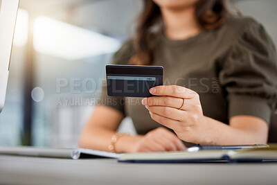 Buy stock photo Hand, credit card and office with e commerce, computer and payment for discount, sale and cybersecurity. Girl, online shopping and banking with fintech, budget or financial decision with workplace pc