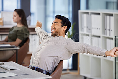 Buy stock photo Business, man and stretching or happy and desk, relief and smile for reaching target or finish project in corporate company. Goals, body and tension release, employee and relax for job well done