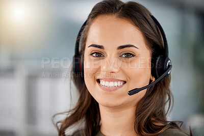 Buy stock photo Young woman, call center portrait and smile telemarketing with headphones, microphone and communication. Girl, customer service and technical with consulting, contact us and happy in modern office