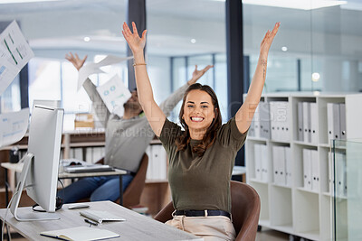 Buy stock photo Woman, excited and throw paper in office, arms and air for happy coworkers in workplace for task finished or target. Winning, complete and cheering for wow achievement, victory with employees