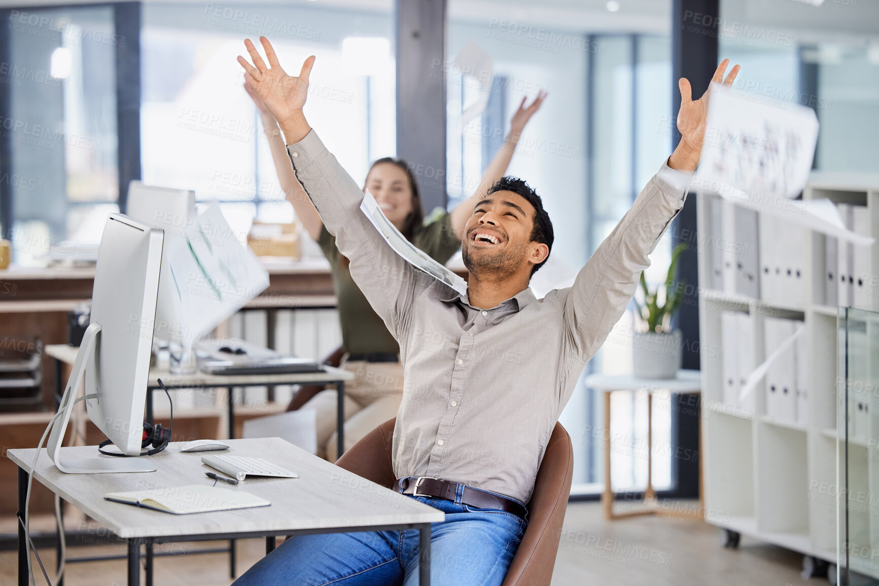 Buy stock photo Happy people, business and celebration with documents in air for done, completion or finished at office. Excited businessman and woman with smile in relief for paperwork, teamwork or success together