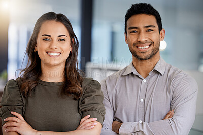 Buy stock photo Happy, arms crossed and portrait of business people in office for teamwork, professional and pride. Smile, collaboration and solidarity with man and woman for entrepreneur, happiness and support