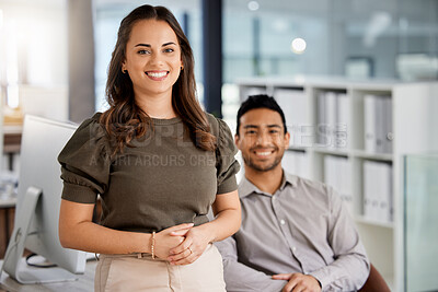 Buy stock photo Happy, confidence and portrait of business people in the office in conversation for collaboration. Success, friends and corporate team working together on a project sitting by a desk in the workplace