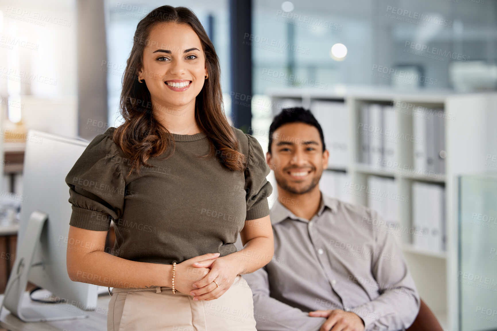 Buy stock photo Happy, confidence and portrait of business people in the office in conversation for collaboration. Success, friends and corporate team working together on a project sitting by a desk in the workplace