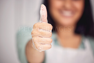 Buy stock photo Woman, thumbs up and promotion for washing hands in home, foam and agreement on soap. Female person, antibacterial and motivation to disinfect dirt or germs, cleaning and support for satisfaction