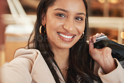 Buy stock photo Happy woman, portrait and selfie with shopping bag for memory, photograph or moment at mall or store. Face of female person, shopper or consumer with smile for picture, capture or purchase on bargain