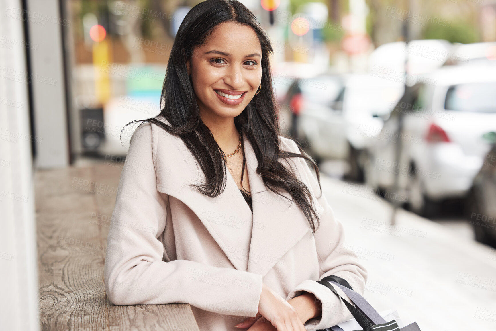 Buy stock photo Woman, portrait and smile with shopping bags, street and love for retail boutique product. Customer, mall and happiness for gift, sale and store discount with fashion present and service purchase