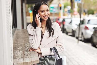 Buy stock photo Happy, woman and shopping in city with phone call to contact with news, info and announcement. Girl, customer and travel on street with smartphone chat to virtual communication on holiday or vacation