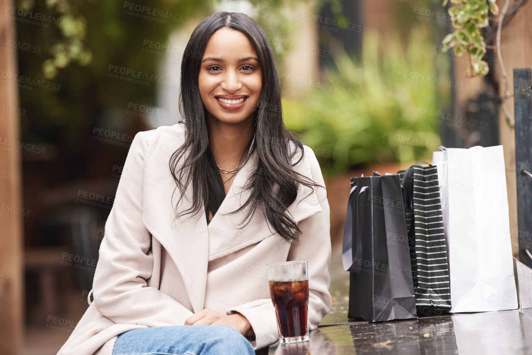 Buy stock photo Happy, woman and break with drink from shopping to relax and rest at cafe on holiday or vacation. Female person, beverage and portrait with retail discount after promotion or sale for consumerism