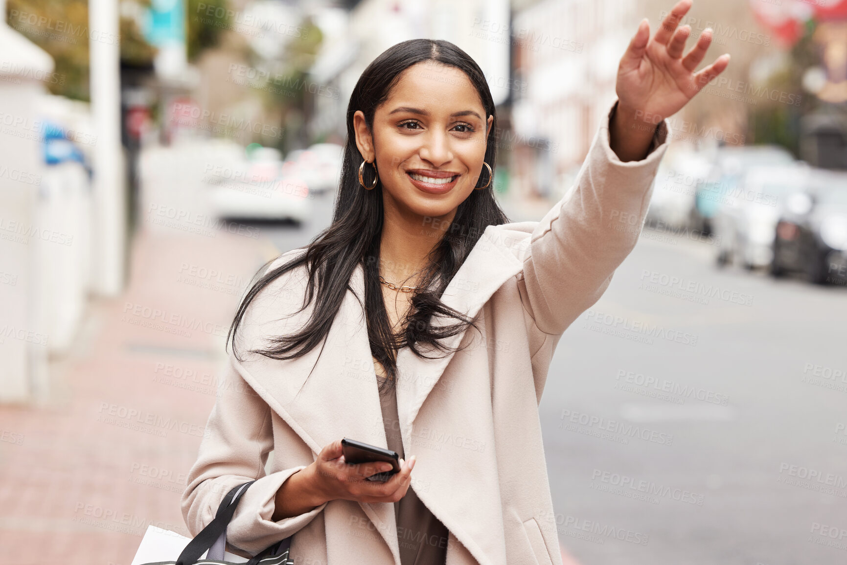 Buy stock photo Happy woman, travel and taxi with hand sign at city for lift, tourist or commute on sidewalk. Female person or customer with smile or hailing cab for transportation, shopping or tour in an urban town