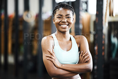 Buy stock photo Black woman, fitness and health in portrait with arms crossed in gym for cardio training or exercise. Confident, female person and smile for sports with workout challenge or goal for hobby to relax