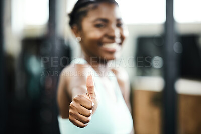 Buy stock photo Fitness, thumbs up and portrait of black woman in gym for cardio, performance training or successful workout. Instructor, hand gesture and female person for achievement, satisfaction or motivation
