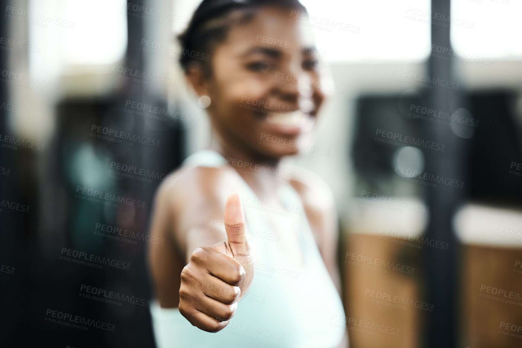 Buy stock photo Fitness, thumbs up and portrait of black woman in gym for cardio, performance training or successful workout. Instructor, hand gesture and female person for achievement, satisfaction or motivation