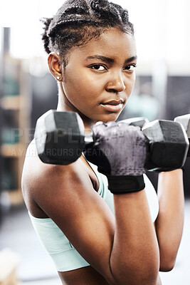 Buy stock photo Portrait, dumbbells and black woman with fitness, strong and exercise goals with wellness, energy and strength training. African person, athlete and girl with gym equipment,   healthy and workout