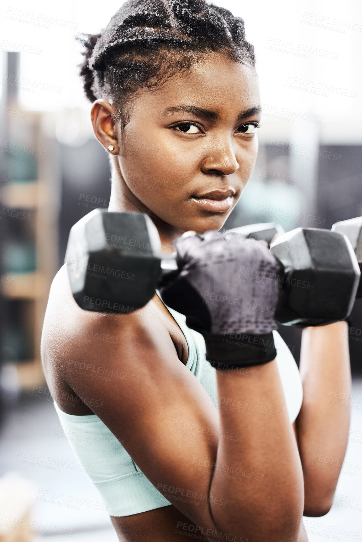 Buy stock photo Portrait, dumbbells and black woman with fitness, strong and exercise goals with wellness, energy and strength training. African person, athlete and girl with gym equipment,   healthy and workout