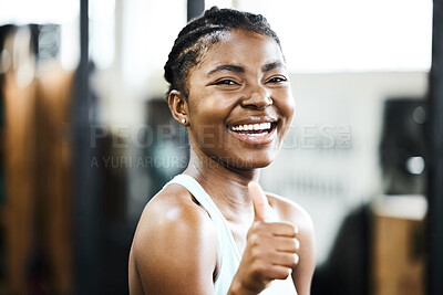 Buy stock photo Exercise, thumbs up and portrait of black woman in gym for fitness, performance training or successful workout. Athlete, hand gesture and female person for achievement, satisfaction or motivation