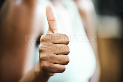 Buy stock photo Woman, fitness and hand with thumbs up in gym for sports, motivation and success in exercise. Personal trainer, closeup and gesture of finger with emoji for good review, support or trust in workout