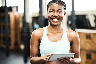Buy stock photo Fitness, portrait and tablet with sports black woman in gym for coaching, training or workout. App, exercise and technology with happy personal trainer in health club for agenda, planning or schedule