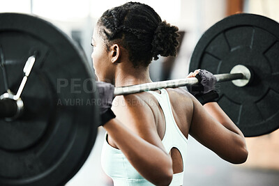 Buy stock photo Black woman, back with weightlifting and fitness, barbell in gym and strong bodybuilder with muscle training. Sport, workout and bodybuilding, female athlete in exercise studio, challenge and power
