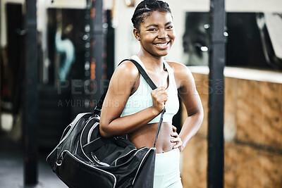 Buy stock photo Bag, exercise and portrait with sports black woman in gym, ready for training or workout. Fitness, smile and strong with happy athlete in health club for challenge, physical activity or improvement
