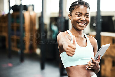 Buy stock photo Thumbs up, portrait and fitness woman with tablet in gym for cardio, performance training or successful workout. Instructor, hand gesture and female person for achievement, satisfaction or motivation