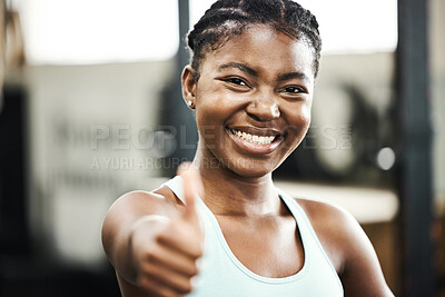 Buy stock photo Thank you, portrait of black woman with thumbs up and at gym happy for workout. Success or achievement, support or smile and African female athlete with emoji hand for motivation or fitness.