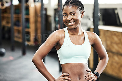 Buy stock photo Exercise, portrait and confident sports black woman in gym for training, wellness or workout. Body, excitement and fitness with happy athlete in health club for physical improvement or progress