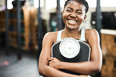 Buy stock photo Fitness, portrait and scale with sports black woman in gym for training, weight loss or workout. Exercise, progress and smile with happy athlete in health club for physical improvement or wellness