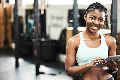 Buy stock photo Fitness, portrait and tablet with black woman personal trainer in gym for training or workout. App, exercise and smile with happy coach in health club for agenda, planning or physical improvement
