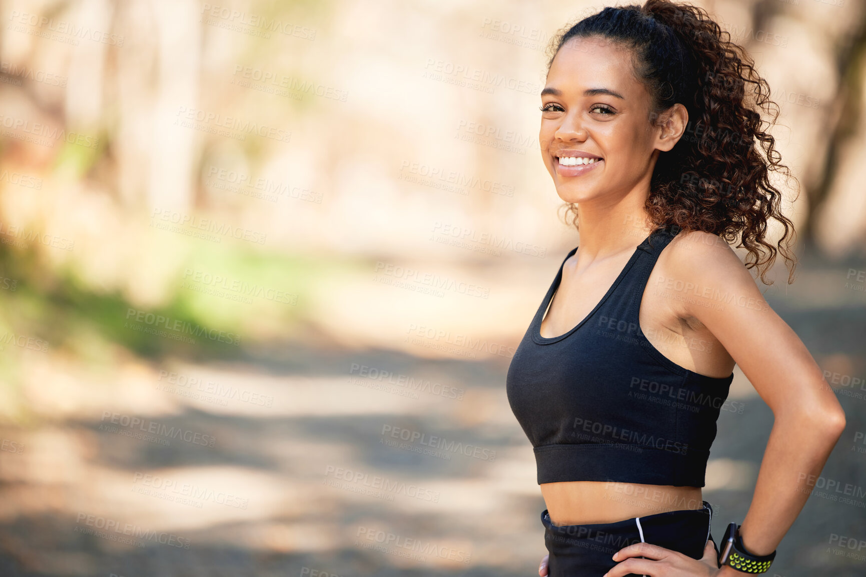 Buy stock photo Woman, portrait and forest exercise with smile on mountain path for running, weight loss or training. Female person, cardio and health with summer workout or marathon in nature, woods or morning